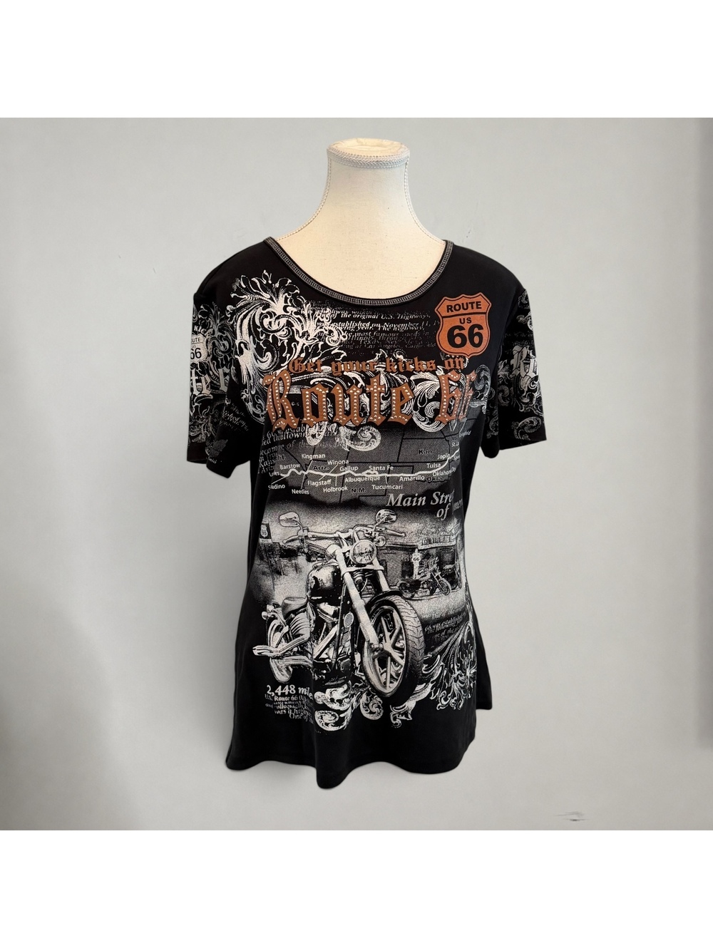 Y2K Route 66 Motorcycle Graphic Tee Black Biker Rhinestone Top